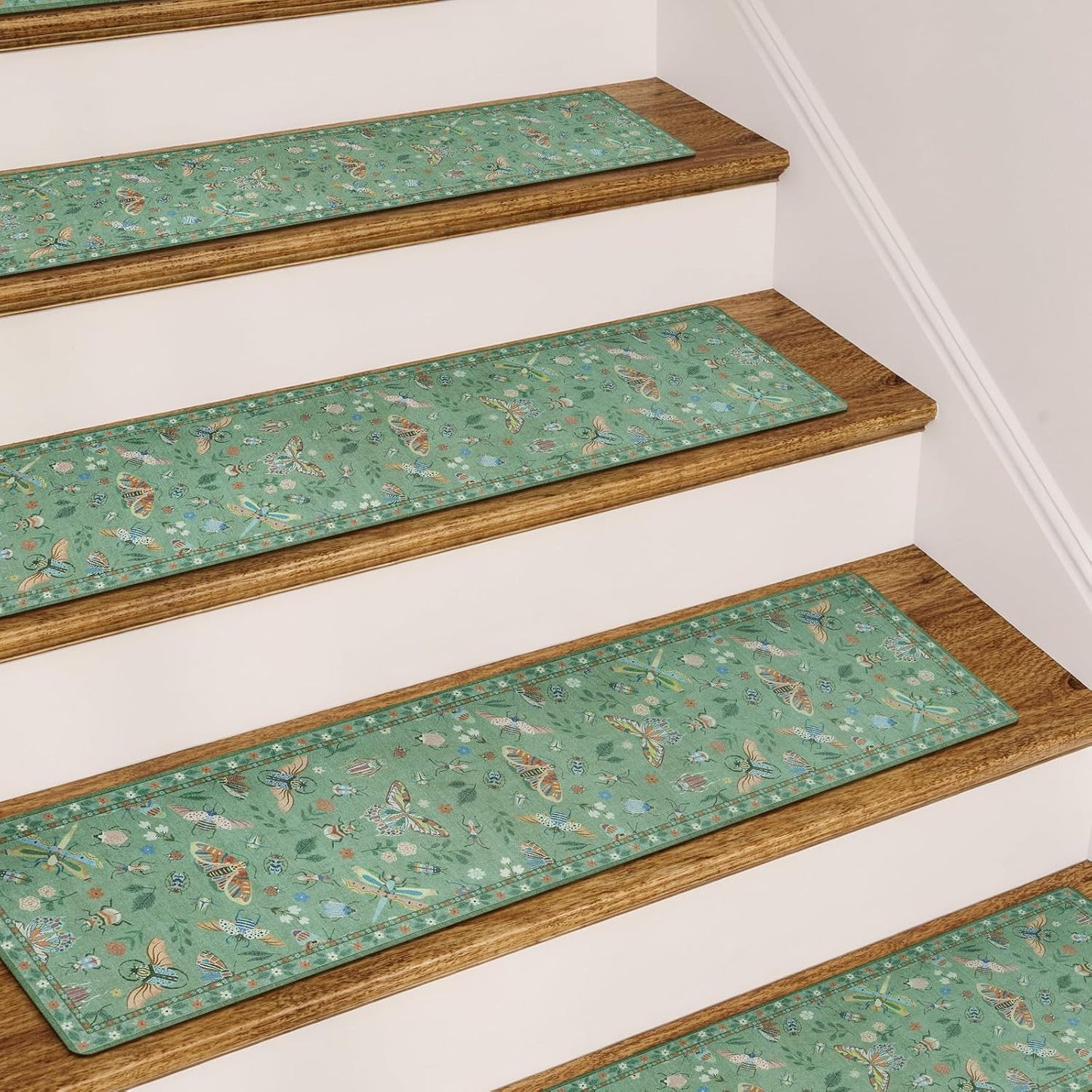 OJIA Insect Print Stair Treads Non Slip Stair Runners for Wooden Steps Indoor, 15PCS 8"x30" Rubber Backing Carpet Treads for Wood Stairs Staircase Step Treads for Kids & Dogs, Stair Covers, Black