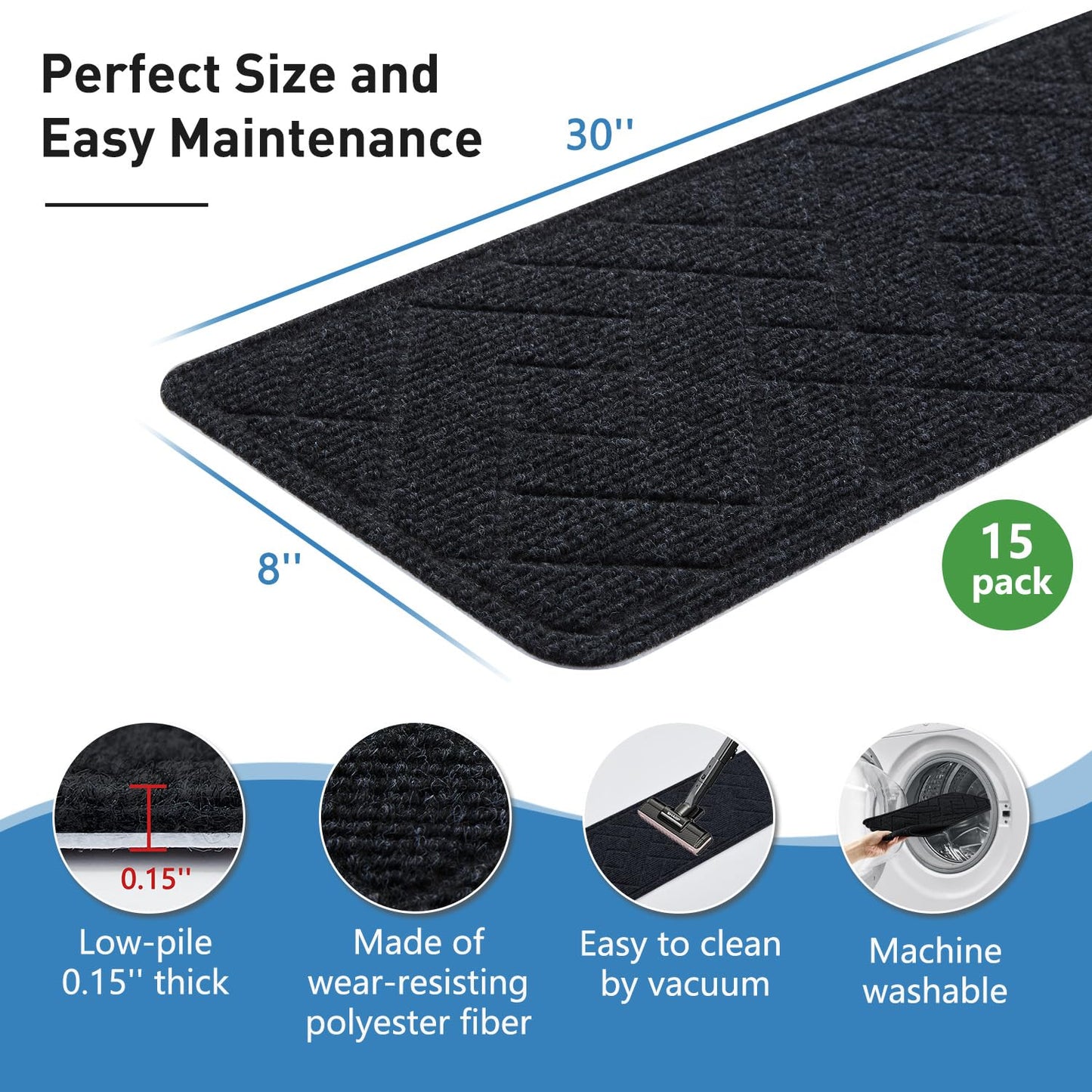 Non Slip Stair Treads for Wooden Steps,15 Pack 8" X 30" Stairs Carpet Treads Indoor with Reusable Peel and Stick Adhesive for Kids Elders and Pets