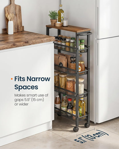 SONGMICS HOME Slim Rolling Cart, 4-Tier Storage Cart with Wheels and Handle, Narrow Utility Cart for Kitchen, Living Room, Brown and Black