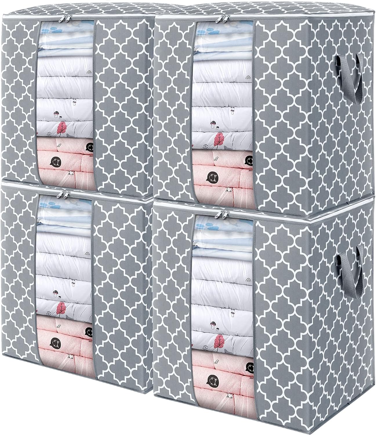 WISELIFE Storage Bags 3 Pack/100L Large Blanket Clothes Organization and Storage Containers for Comforters,Bedding, Foldable Organizer with Reinforced Handle, Clear Window, Sturdy Zippers,Gray