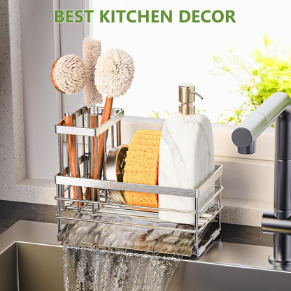 Cisily Sink Caddy Sponge Holder for Kitchen with Brush Holder and Stainless Steel Self Drain Tray, Rustproof Kitchen Sink Organizer for Sponge, Soap Dispenser Storage Accessories (Black)
