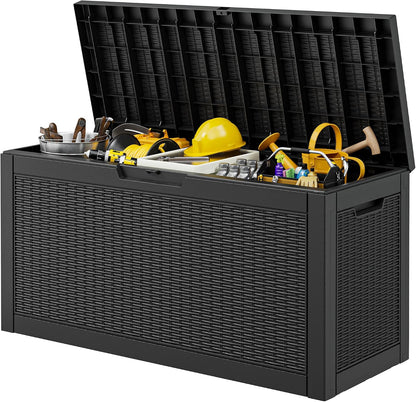 Outdoor Storage Box, 31 Gallon Resin Deck Boxes Outdoor Waterproof For Patio Furniture, Garden Tools, Pool Supplies, Lockable And UV Resistant (Rattan Gray)