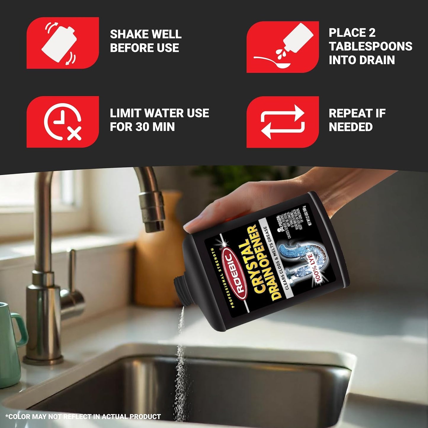 Roebic Liquid Drain Cleaner, Kitchen Sink Grease and Pipe Clog Remover, Professional Strength, 32 fl oz (1 Quart)