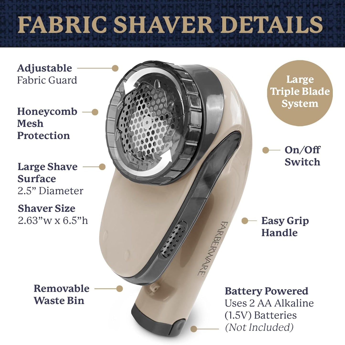 Farberware Fabric Shaver & Lint Remover for Clothes – Battery Operated Lint Shaver with Triple Blades, Sweater Shaver to Remove Pilling for Clothing, Couch, Furniture, Fuzz, Lint Balls