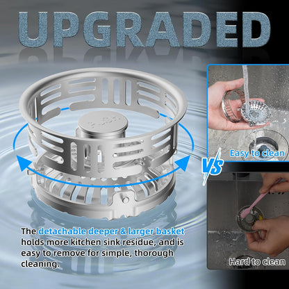 Hibbent Upgraded 3 in 1 Kitchen Sink Drain Strainer, Stainless Steel Pop Up Sink Stopper, Larger Anti-Clogging Basket, 3-Layer Seal, Detachable Drain Plug for US Standard 3-1/2" Drain, Brushed Nickel