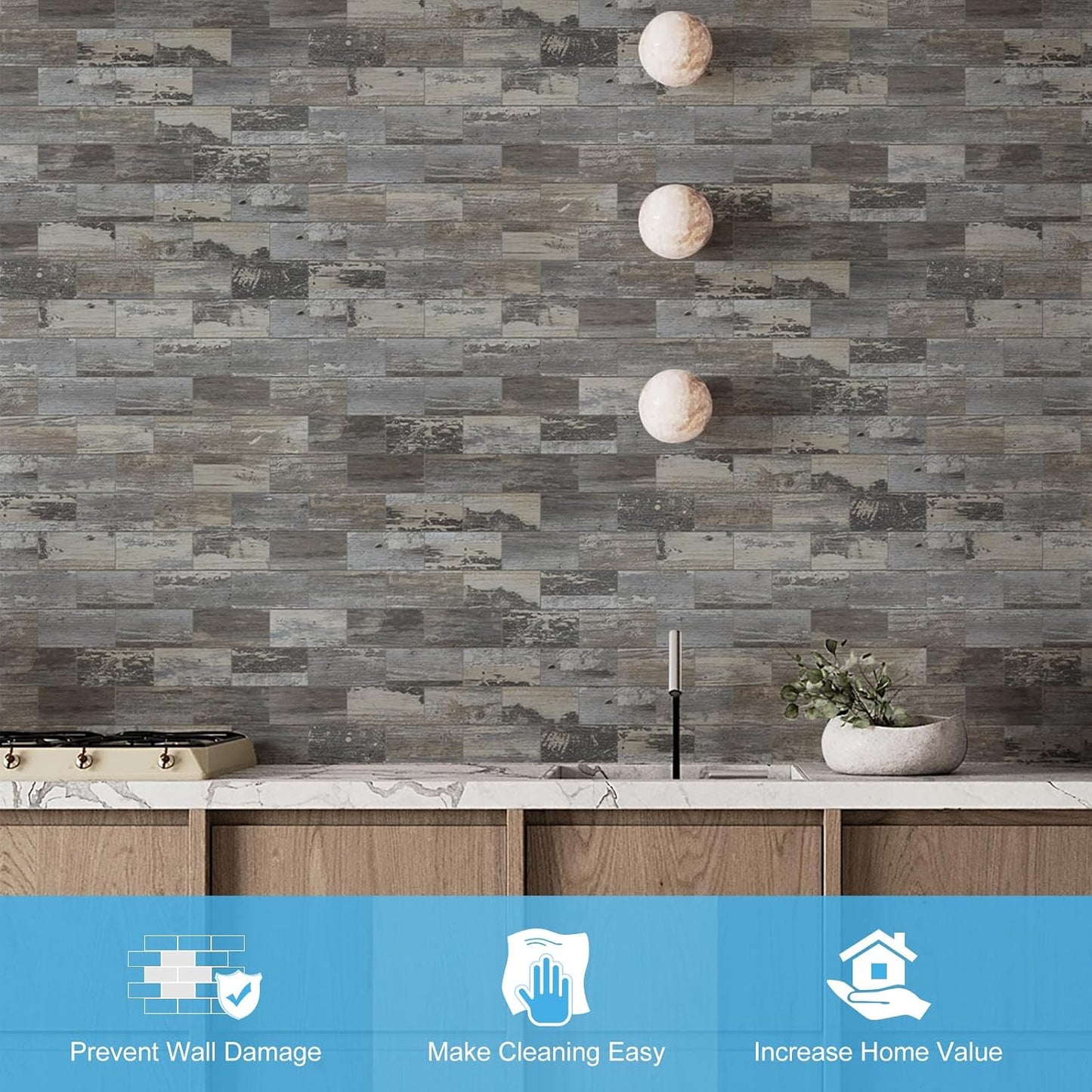100-Piece Faux Stone Peel and Stick Backsplash Tile, Waterproof Thick PVC Stick On Subway Wall Tile for Kitchen Bathroom Laundry Room Fireplace - 3" x 6", Tan Wood
