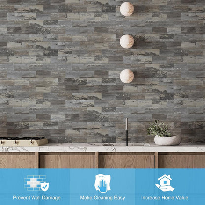 100-Piece Faux Stone Peel and Stick Backsplash Tile, Waterproof Thick PVC Stick On Subway Wall Tile for Kitchen Bathroom Laundry Room Fireplace - 3" x 6", Tan Wood