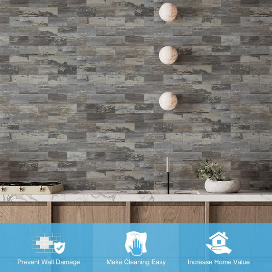 100-Piece Faux Stone Peel and Stick Backsplash Tile, Waterproof Thick PVC Stick On Subway Wall Tile for Kitchen Bathroom Laundry Room Fireplace - 3" x 6", Tan Wood