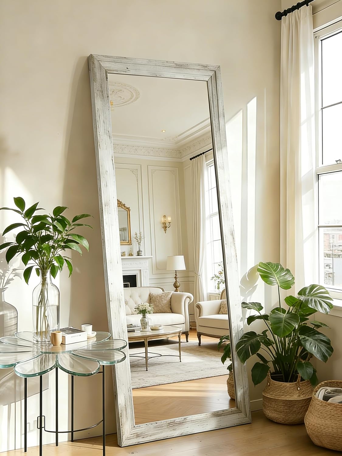 ZHUNFA Full Length Mirror, 71x32 Inch Full Length Mirror Wall Mounted | Vertical Hanging, Leaning Standing for Bedroom, Living Room, Rectangular Wooden Frame, Log Color.