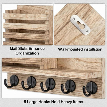 Wall Key Hook, Mail Organizer with 5 Metal Key Hooks, Decorative Key Rack Wall Mount, Tung Wood, 11.8 x 6.7 inches, Includes mounting Hardware (Brown)
