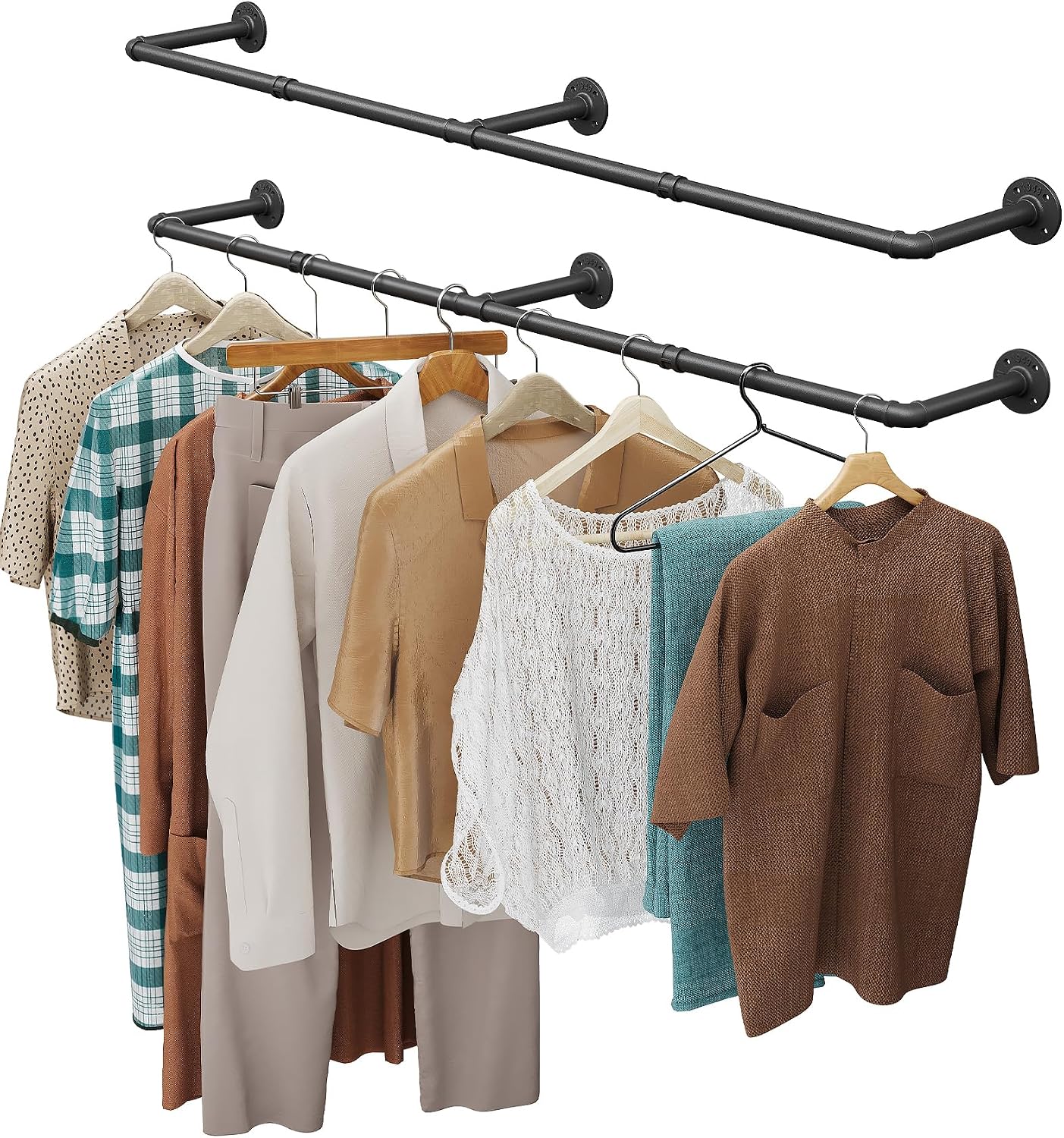 OROPY 65.7" Heavy Duty Industrial Pipe Clothes Rack for Hanging Clothes | Wall Mounted Clothes Bar, Space Saving Iron Garment Rack, Multi-Purpose Hanging Rod for Bedroom, Closet, Black, 3 Base