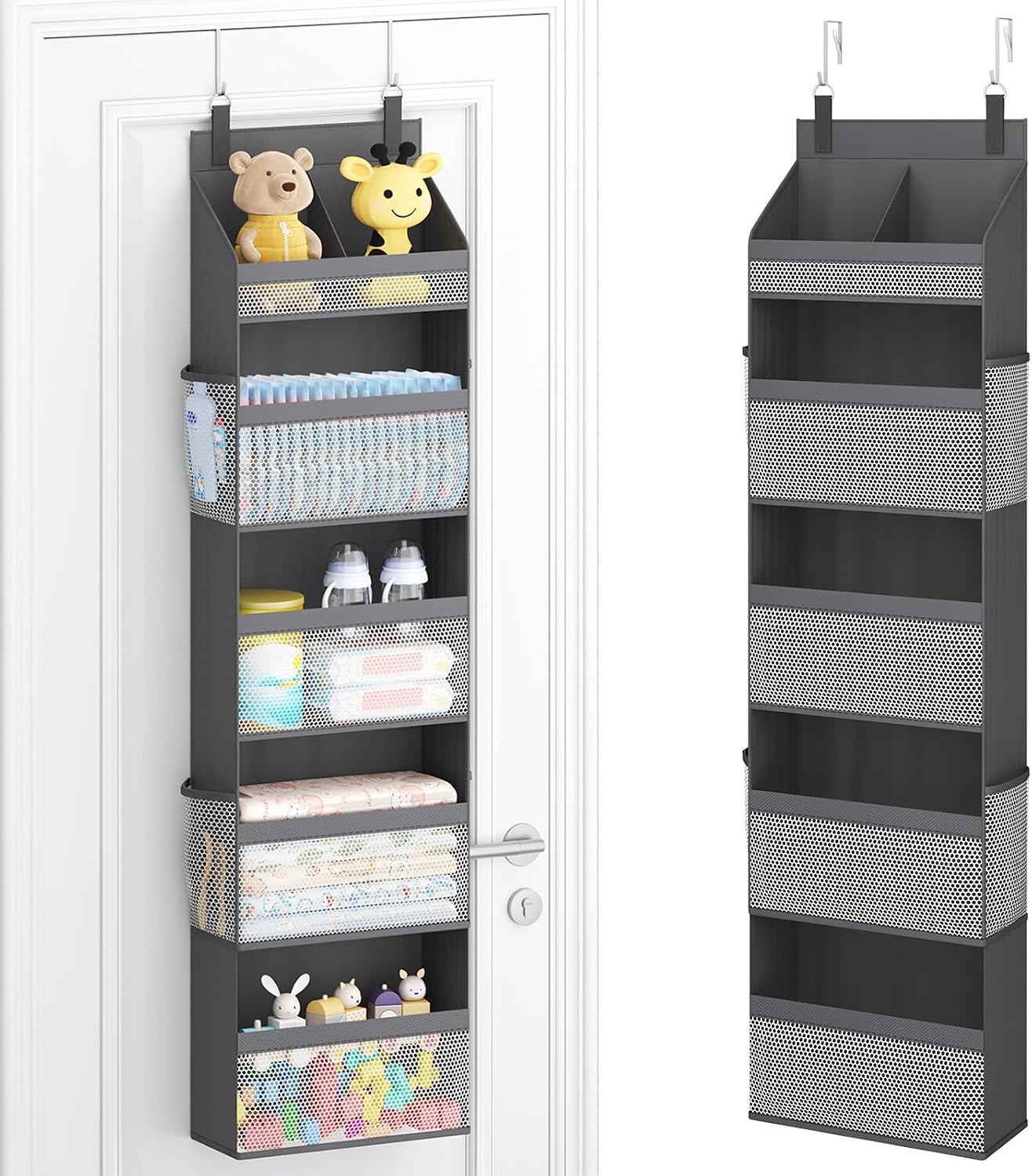 Lifewit 4 Tier Over the Door Diaper Organizer for Nursery, Large Heavy Duty Hanging Storage with 4 Mesh Side Pockets, Sturdy Back of Door Shelf for Baby Stuff Toy in Pantry, Laundry, Bathroom, Gray