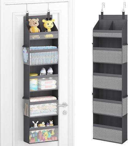 Lifewit 4 Tier Over the Door Diaper Organizer for Nursery, Large Heavy Duty Hanging Storage with 4 Mesh Side Pockets, Sturdy Back of Door Shelf for Baby Stuff Toy in Pantry, Laundry, Bathroom, Gray