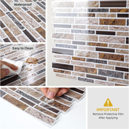 Vieshful 10 Sheet Peel and Stick Backsplash for Kitchen Wall - 12"x12" Smooth PVC 3D Visual Effect Marble Tile Stickers, Waterproof Self Adhesive Light Khaki Wall Tiles for Bathroom, Renter Friendly