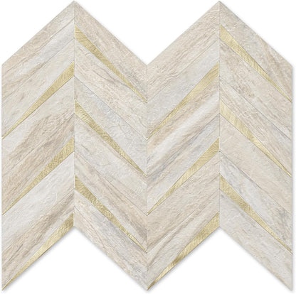 STICKGOO 10-Sheet Herringbone Tile Peel and Stick Backsplash, Beige Mixed Metal Gold PVC Stick on Backsplash, Self Adhesive Wall Tile for Kitchen and Bathroom