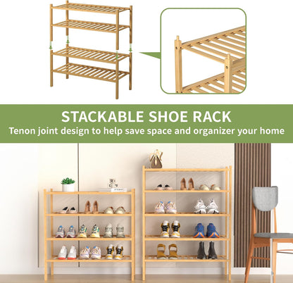 ROMGUAR CRAFT 3 Tier Bamboo Shoe Rack for Closet Free Standing Wood Shoe Shelf Storage Organizer for Entryway Small Space Stackable 27"x11"x20" (Natural)