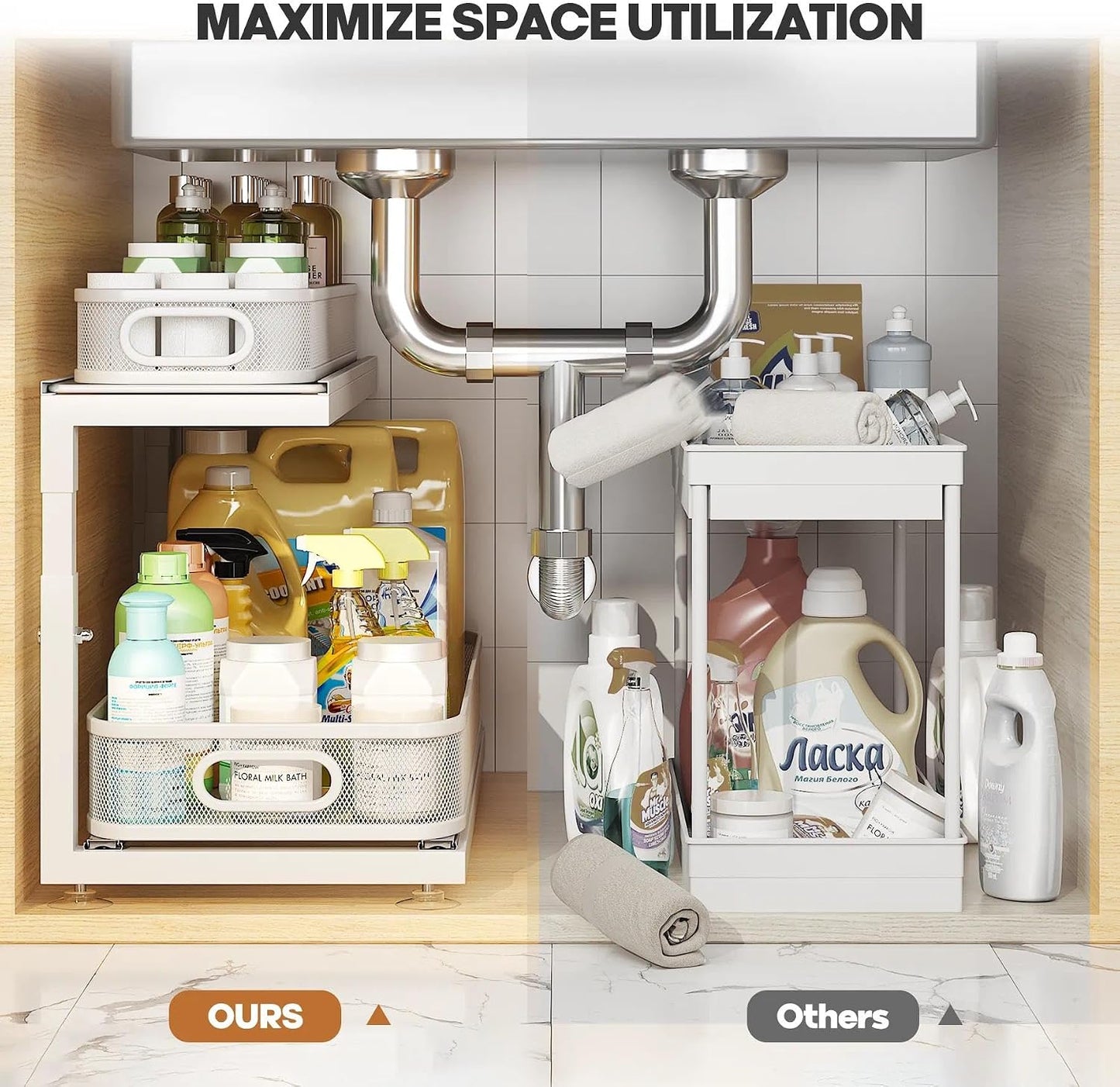 2-Pack Under Sink Storage Organizer with 2-Tier Slide Out Drawer, Sophisticated Mesh Pull Out Shelf for Kitchen & Bathroom, Fits Small Items, Upgraded Arched Track for Smooth Gliding(Patented)