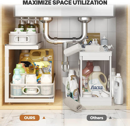 2-Pack Under Sink Storage Organizer with 2-Tier Slide Out Drawer, Sophisticated Mesh Pull Out Shelf for Kitchen & Bathroom, Fits Small Items, Upgraded Arched Track for Smooth Gliding(Patented)