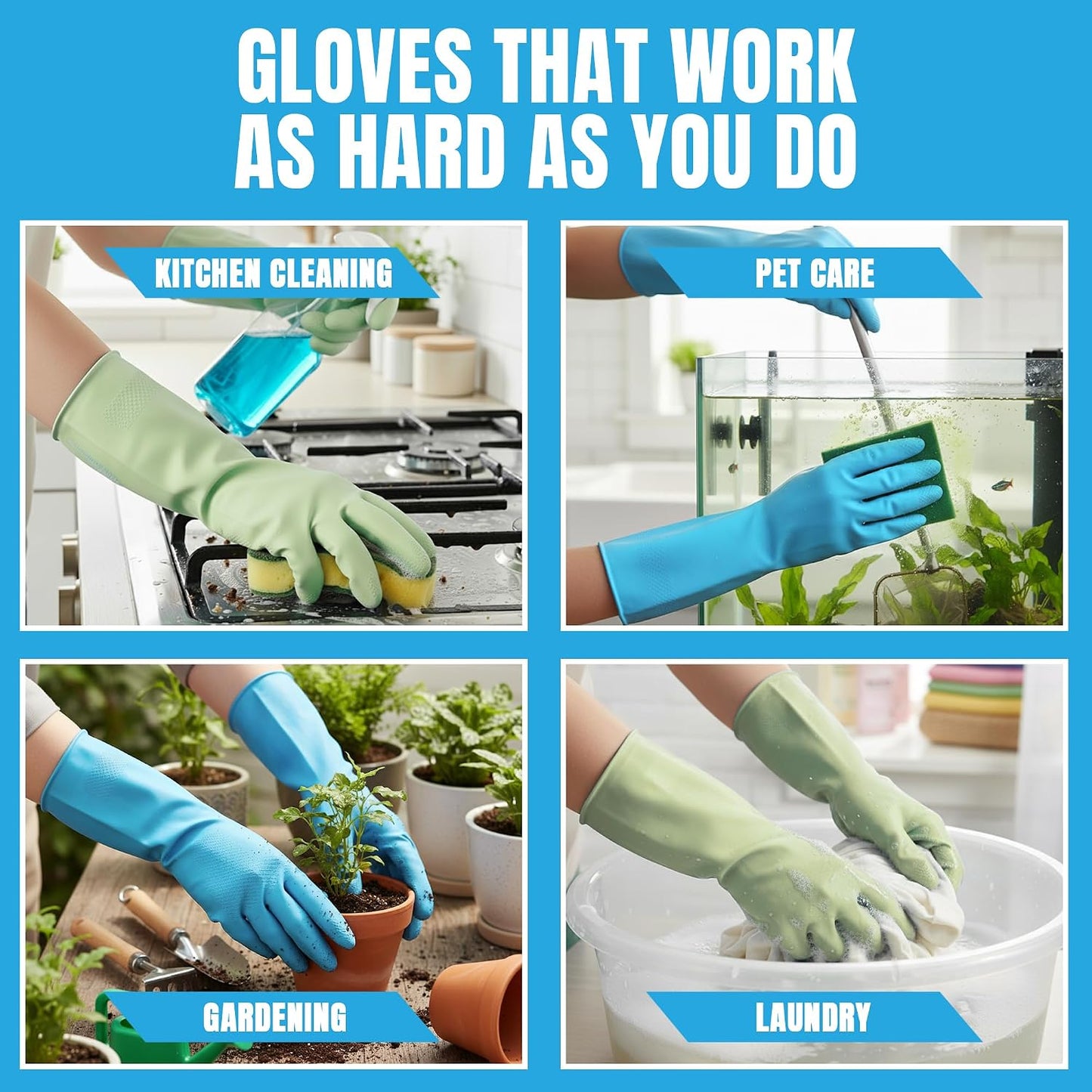 JOR Kitchen Dishwashing Gloves, Durable and Reusable Rubber with Non-Slip Grip, For Household Chores, Multi-purpose Use for Pantry, Bathroom Laundry, Medium, 12-inch Long Cuff, 2 Pairs, Green & Blue