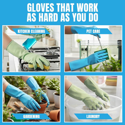 JOR Kitchen Dishwashing Gloves, Durable and Reusable Rubber with Non-Slip Grip, For Household Chores, Multi-purpose Use for Pantry, Bathroom Laundry, Medium, 12-inch Long Cuff, 2 Pairs, Green & Blue