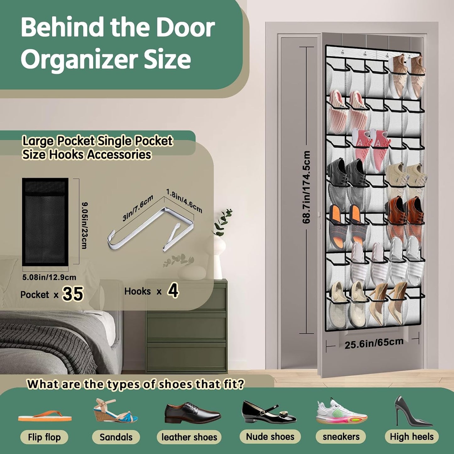 PAULONE 12 Pocket Over the Door Shoe Organizer,Reusable Breathable Large Mesh Bag Men's & Women's Sneaker Organizer,Shoe Organizer for Kids,Hanging Shoe Storage Hanging Bag (White)
