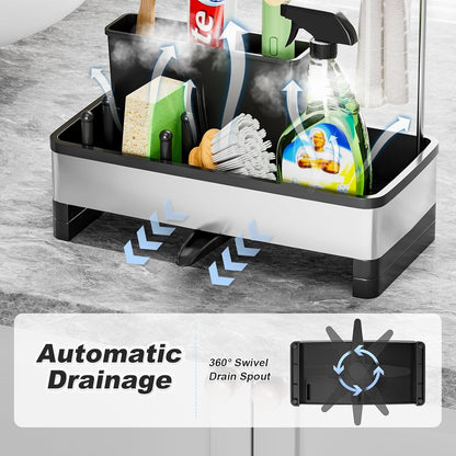 Ewaiira Stainless Steel Sink Caddy, Sponge Holder for Kitchen Sink with Brush Holder and Towel Rack, Sink Organizer for Countertop, Soap Dispenser Kitchen Organizers Storage Essentials (A-Black)