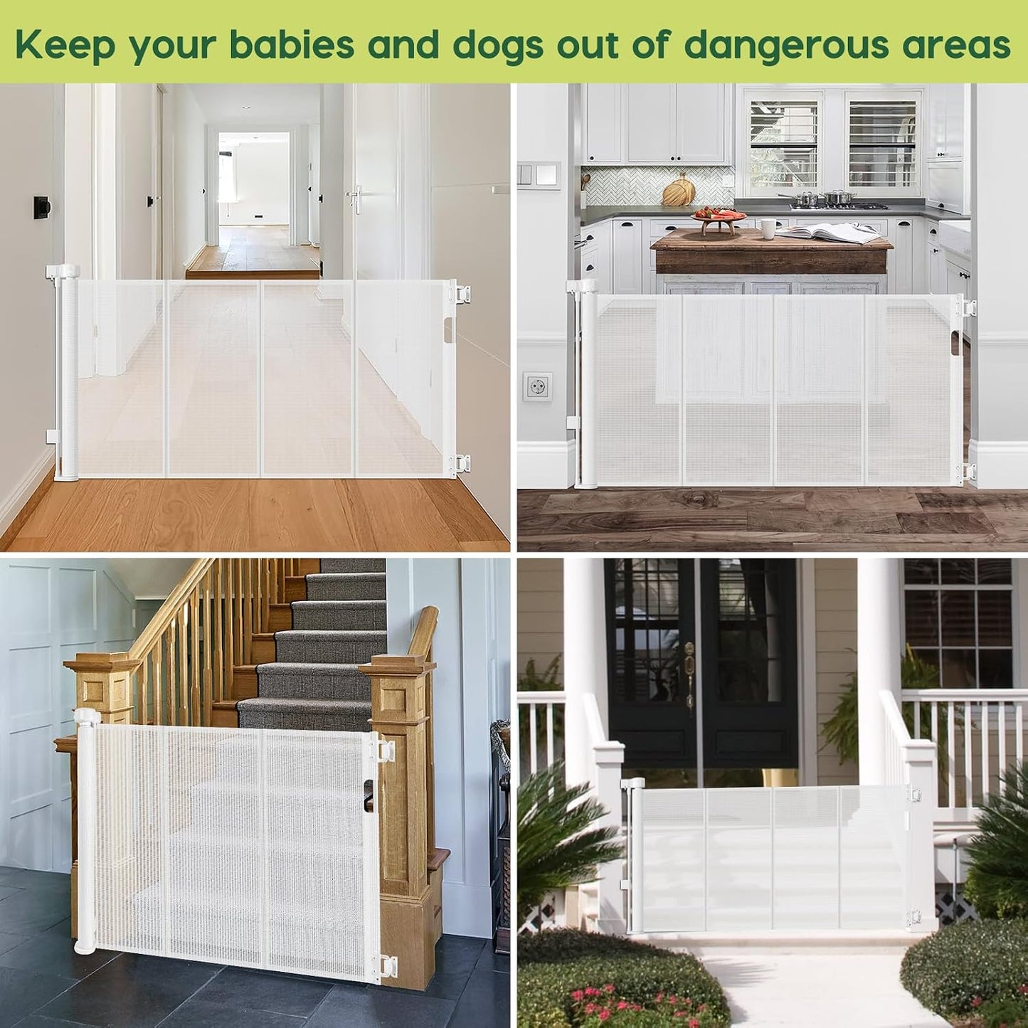 Reinforced 55" Wide Retractable Baby Gates with Reinforced Strips, Indoor/Outdoor Retractable Dog Gate for Doorway Prevent Bottom Drilling Through, No Bottom Bar Safety Mesh Baby Gate for Stair, Black