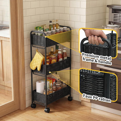 FOCHIER F Utility Slim Storage Cart,3-Tier Rolling Kitchen Office Laundry Room Cart,Mobile Shelving Unit Organizer for Living Room Bathroom Baby Diaper Narrow Places (Black, 3 Tiers-7.1 inch (W))