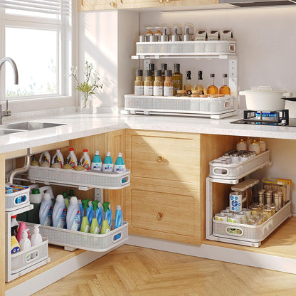 2 Pack Under Sink Organizer With Smooth Cylindrical Rail,2-Tier Pull Out Multi-Purpose Cabinet Storage for Bathroom&Kitchen,Height Adjustable,Rust-resistant Coating-White