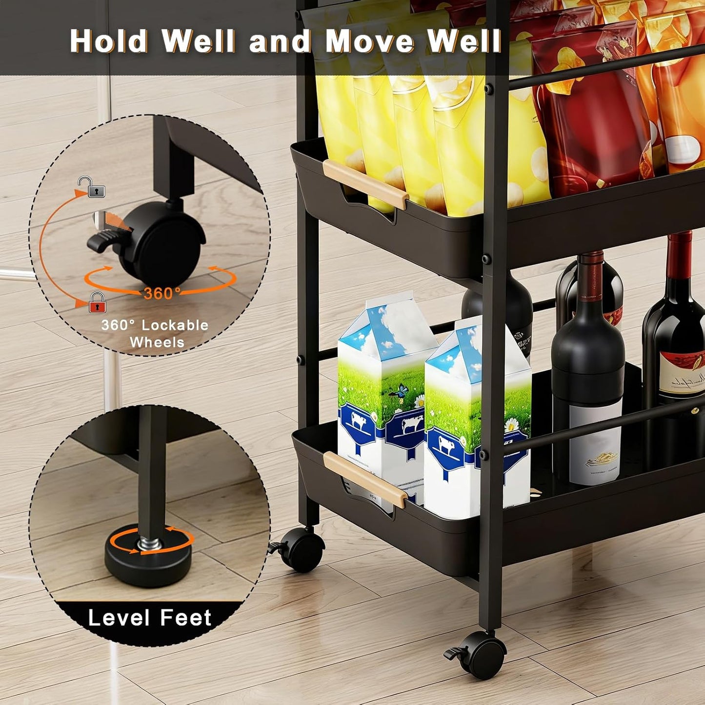 6 Tier Slim Storage Cart with Pull-Out Baskets Rolling Cart with Wheels Wood Top Narrow Utility Cart Metal Shelving Units for Pantry Laundry Room Bathroom Kitchen White 8in(W)