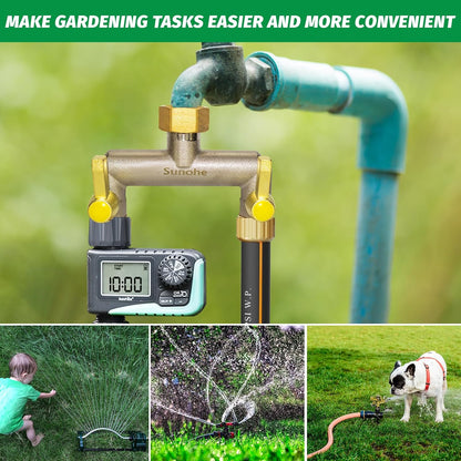 Garden Hose Splitter, Water Hose Splitter 2 Way Heavy Duty Brass Nickel Plated, Extended Metal Handle 3/4-Inch Hose Manifold, Rust and Freeze Resistant High Flow Outdoor Faucet Splitter
