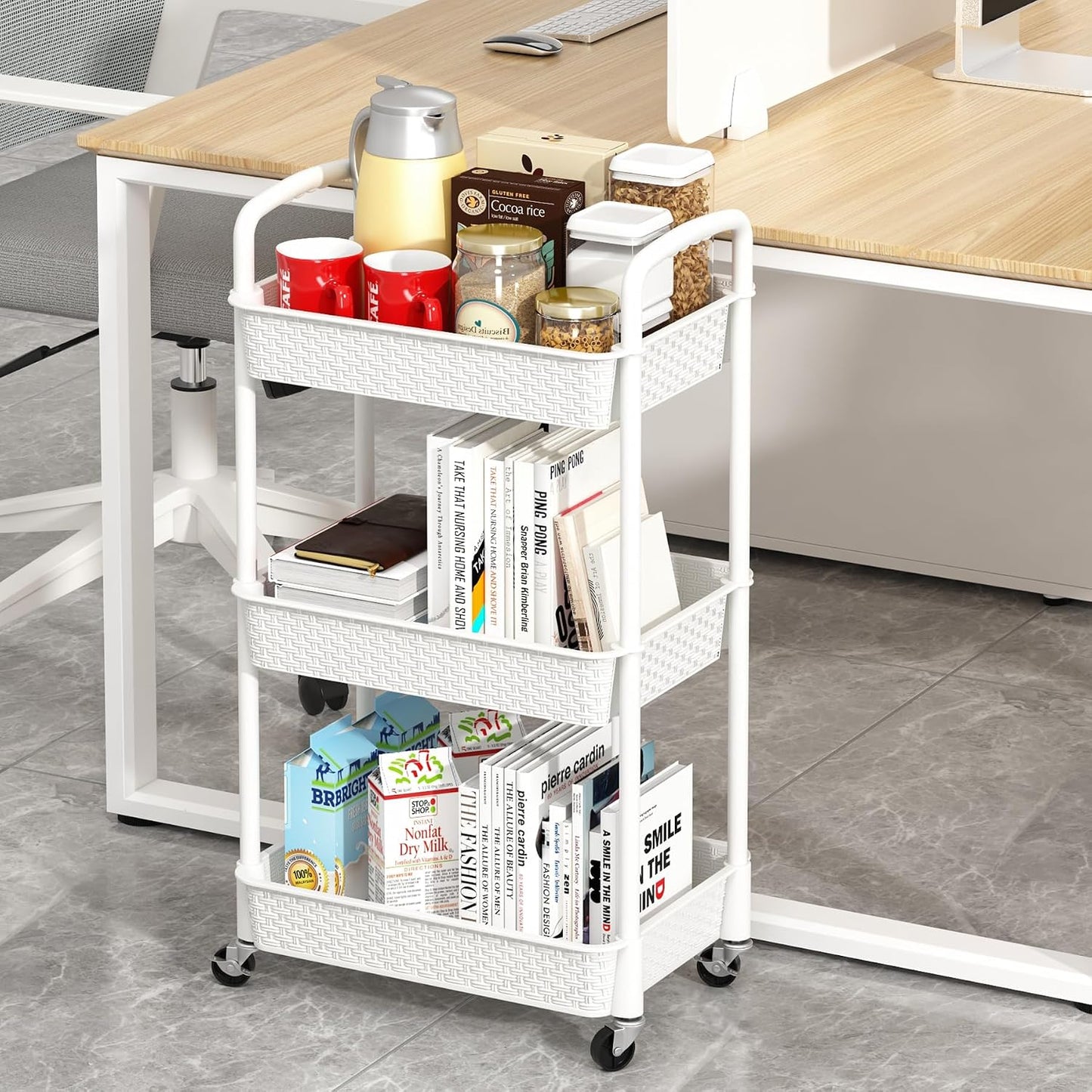 MOYIPIN 3-Tier Plastic Rolling Utility Cart with Handle,Utility Storage Cart for Office, Living Room, Kitchen,Movable Storage Organizer Shelves,White