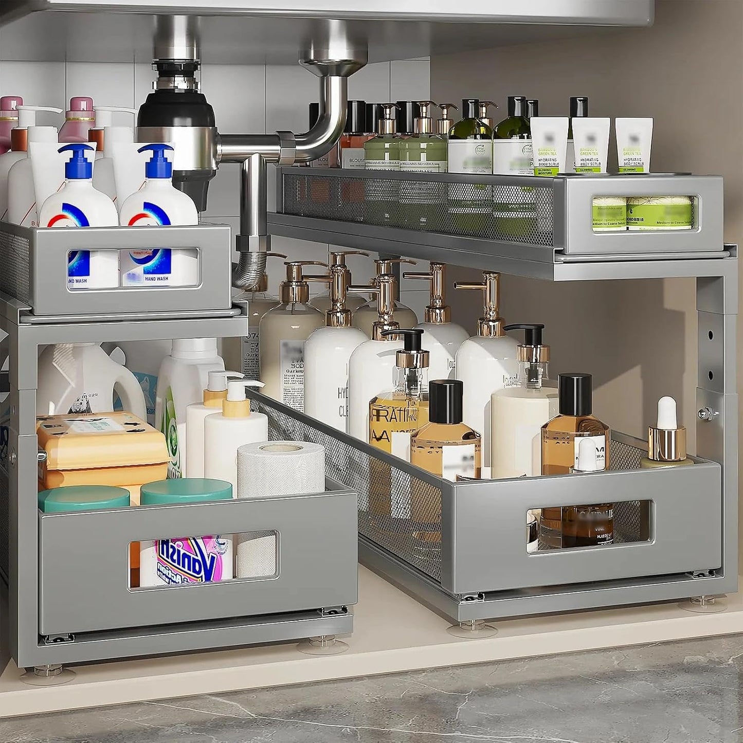 2 Pack Under Sink Organizer with Next-Gen Ball-Bearing Slides,2-Tier Pull Out Cabinet Storage,Height Adjustable Drawer Shelf for Bathroom,Kitchen,Laundry,Cabinet,Pantry(Patent Pending)