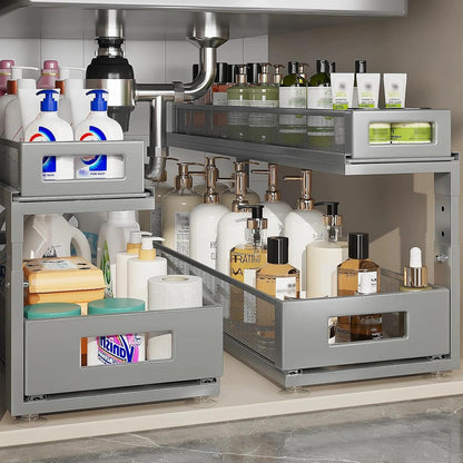 2 Pack Under Sink Organizer with Next-Gen Ball-Bearing Slides,2-Tier Pull Out Cabinet Storage,Height Adjustable Drawer Shelf for Bathroom,Kitchen,Laundry,Cabinet,Pantry(Patent Pending)