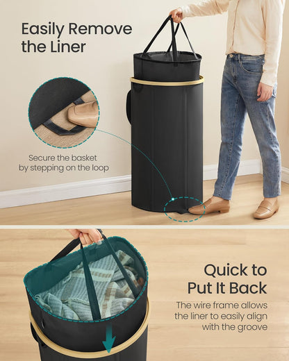 SONGMICS Laundry Hamper, Laundry Sorter with Lid, Storage Basket Bin, Removable Liners, Bamboo Frame, for Bedroom, 3 Sections, 44.9 Gal. (170 L), Ink Black ULCB533BH01