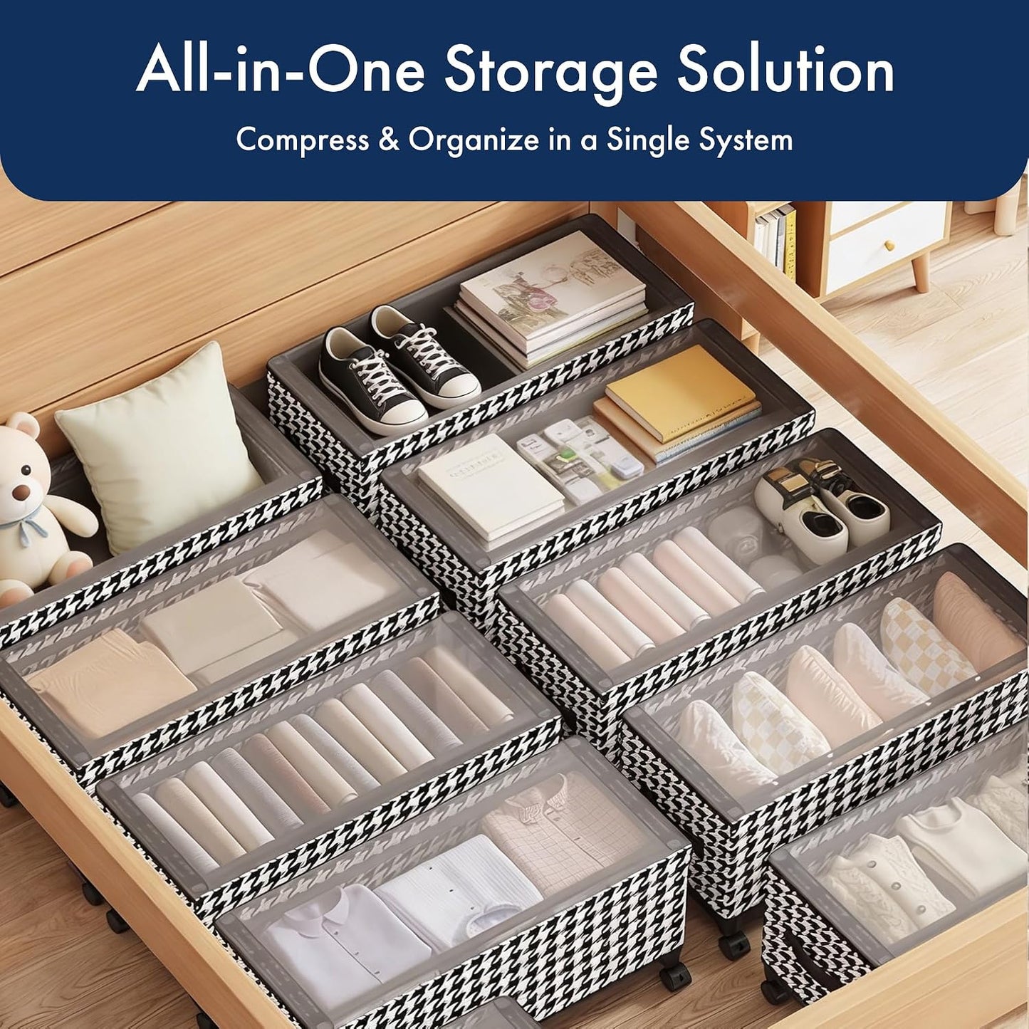 65L Under Bed Storage with Wheels, Adjustable Underbed Storage Bins, Foldable Dustproof Storage Container, 30.3×11.4×11.8 Inch Organizer for Clothes, Shoes, Blankets and Household Sundries (white)