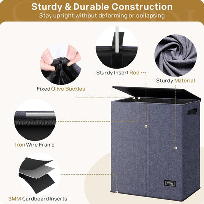 SOLEDI Luxury Double Laundry Hamper with Lid and Removable Bags, 38.3 Gal Large Laundry Bin, Laundry Basket 2 Sections, Collapsible Clothes Hamper for Bedroom, Laundry Room, Bathroom, Off-white