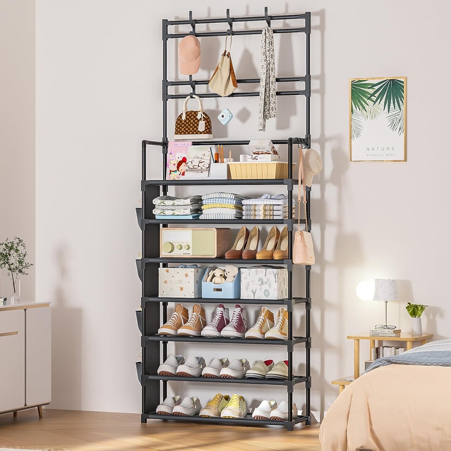 OYREL Shoe Rack 5 Tier Shoe Organizer Storage 15-20 Pairs Shoes Rack for Closet Entrance Shoe Rack Organizer with Hooks and Side Pocket Entryway Shoe Holder Space Saving Free Standing Shoe Racks