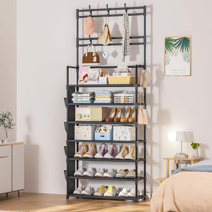 OYREL Shoe Rack 5 Tier Shoe Organizer Storage 15-20 Pairs Shoes Rack for Closet Entrance Shoe Rack Organizer with Hooks and Side Pocket Entryway Shoe Holder Space Saving Free Standing Shoe Racks