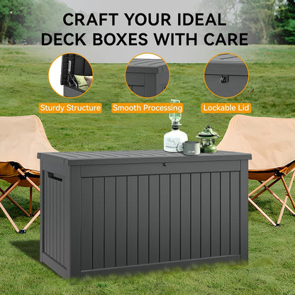 NUNU LAB Outdoor Storage Box, 45 Gallon Outside Deck Box Waterproof, Resin Outdoor Storage Cabinet With Lockable Lid, Backyard Storage Bench For Garden Tools, Patio Cushions, Pool Tools, Black