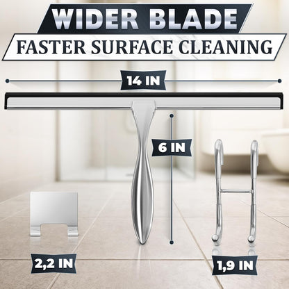 Shower Door Squeegee with Adhesive & Hanging Hooks, 12" Silicone Blade - Stainless Steel All-Purpose Squeegee for Shower Glass, Bathroom Mirror Cleaner Tool Suitable for Tile Walls - Multi-Surface Use