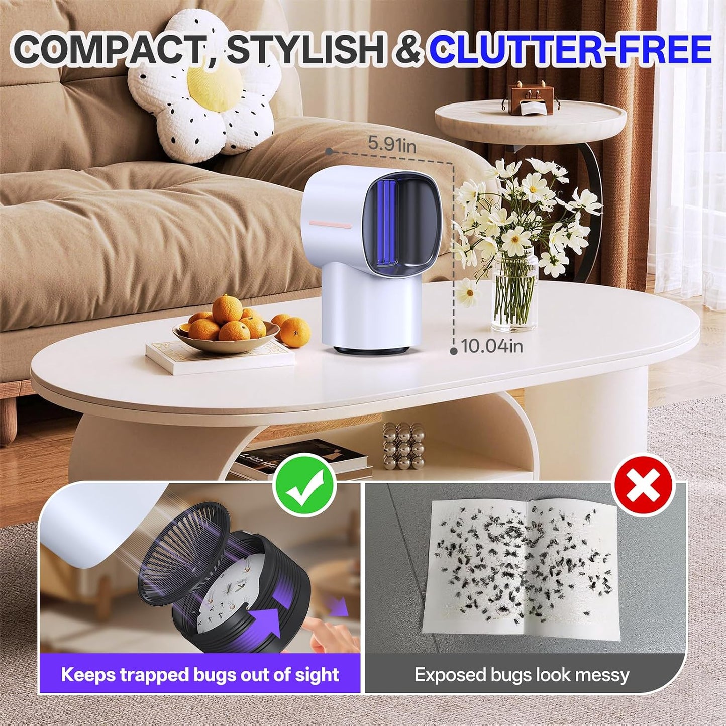 Fruit Fly Traps for Indoors, Gnat and Insects Catcher for House with UV Light, Heat Lure, Fan Suction, Ideal for Kitchen, Patio, Plant Pots, Bedroom, 5 Sticky Pads Included, USB-C Powered