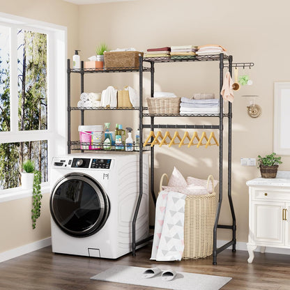 Golpart Over Washer and Dryer Shelves,Heavy Duty Laundry Room Storage Organization Clothes Drying Rack,5 Tier Adjustable Height Wire Shelving and Wire Basket with Hanger Rod&Hook,Space Saving Shelf