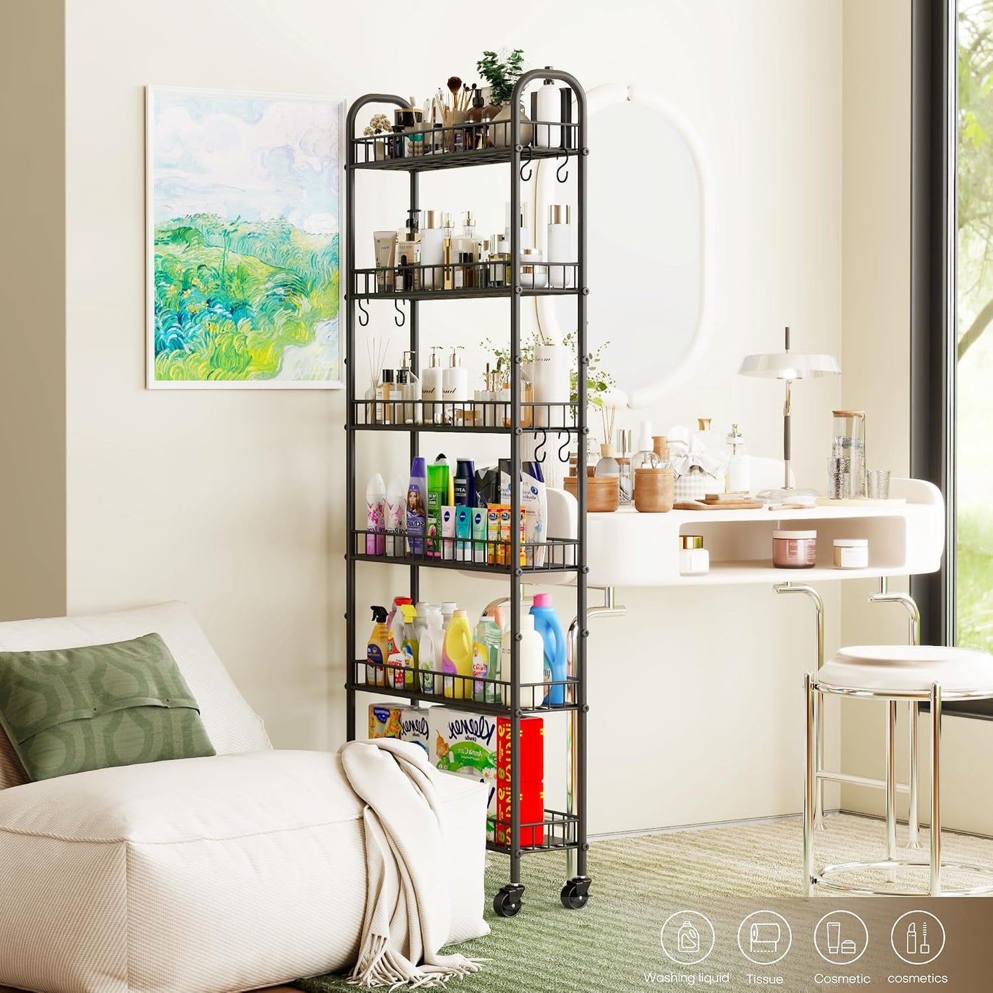 6-Tier Slim Storage Cart, Rolling Kitchen Cart with Wheels | Narrow Metal Shelf Organizer with Hooks for Kitchen, Bathroom, Living Room, Laundry, Small Spaces, Black, 6 in
