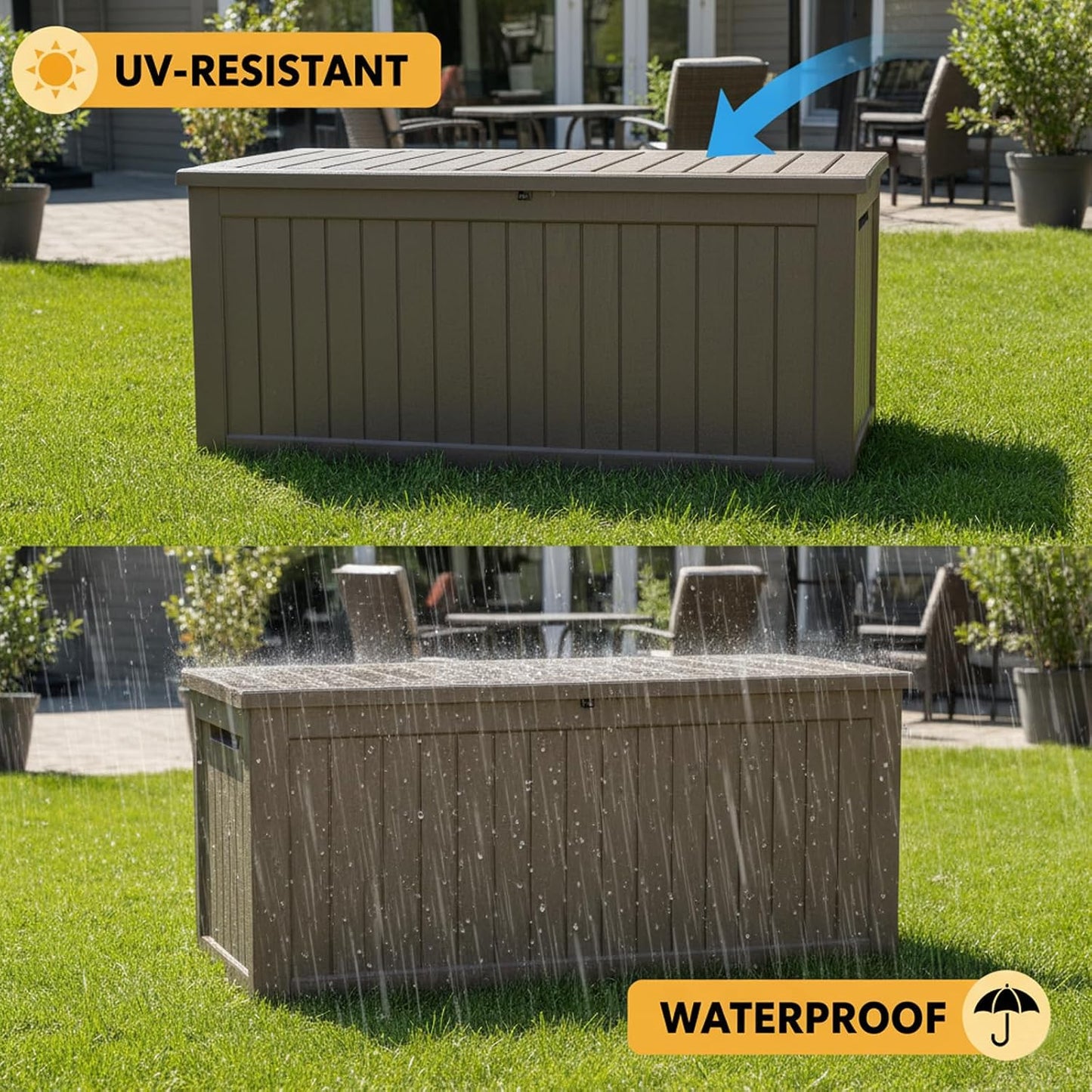 MAKINO 152 Gallon Resin Outdoor Storage Box, Waterproof Deck Box with Lockable Lid, Outside Storage Box for Patio Furniture, Pool Accessories, Garden Tools, Storage Bench for Backyard, Porch, Black
