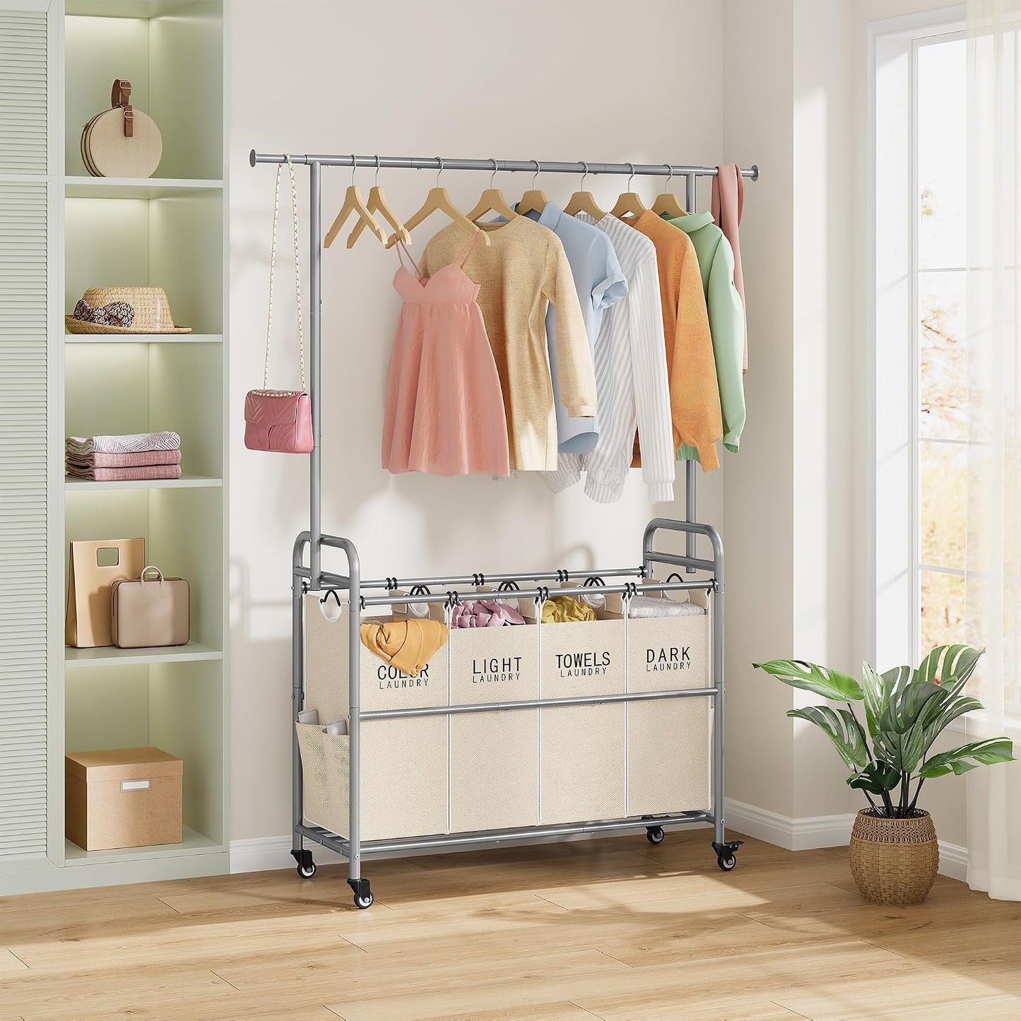 Tajsoon Laundry Hamper with Hanging Rack, 3 Section Laundry Sorter with Heavy Duty Lockable Wheels, Laundry Basket Organizer for Dirty Clothes Storage, 3 Beige