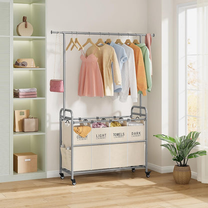 Tajsoon Laundry Hamper with Hanging Rack, 3 Section Laundry Sorter with Heavy Duty Lockable Wheels, Laundry Basket Organizer for Dirty Clothes Storage, 3 Beige