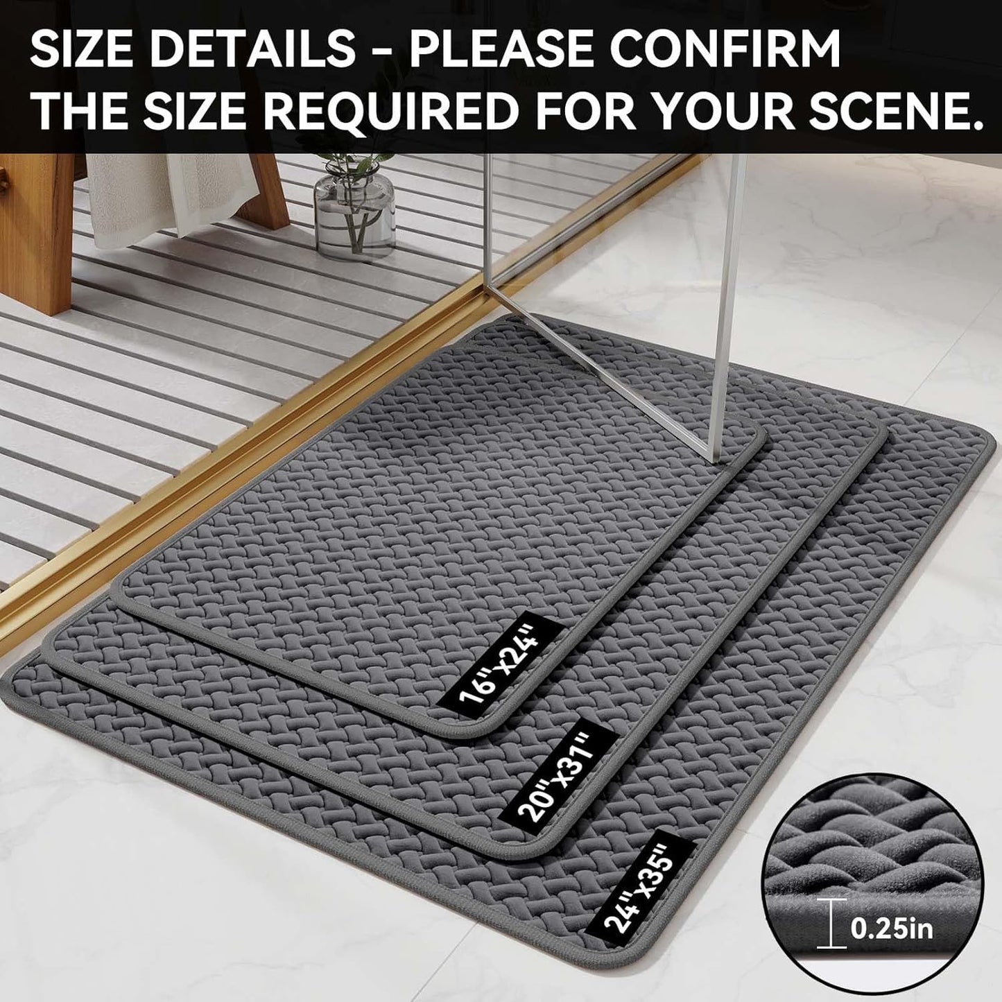 YDKGL Bathroom Rugs Non Slip, Super Absorbent Quick Dry Bath Mats for Bathroom, Foam Weave Texture Thin Bath Rugs Washable with Rubber Backing Fit Under Door Outside Shower,16" x 24“