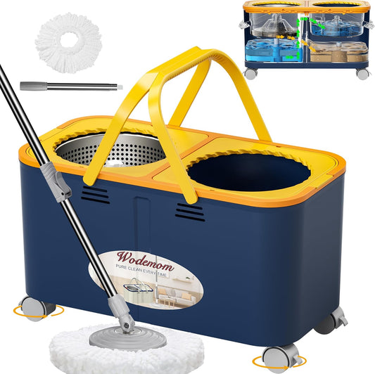 Compact Spin Mop and Bucket with Clean & Dirty Water System, Floor Mop with 360° Swivel Wheels, 61" Handle, 6 Reusable Mop Heads for for Wood, Tile, Vinyl, Baseboards- Blue/Yellow