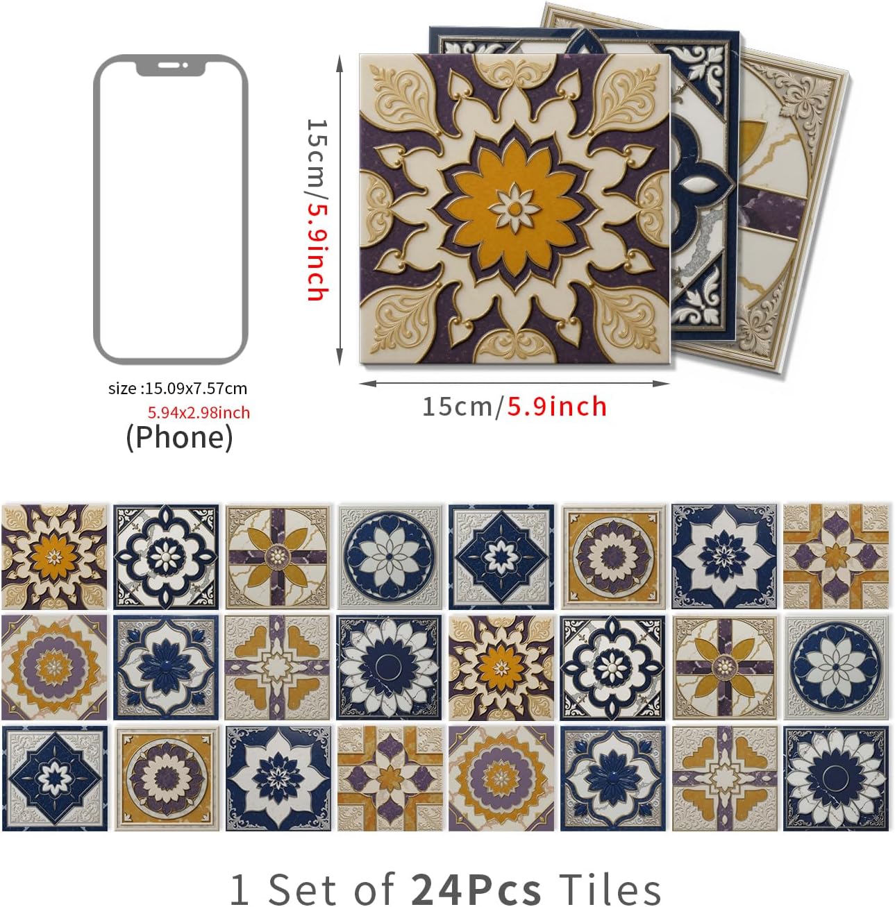 Peel and Stick Backsplash Tile Sticker for Kitchen and Bathroom Walls - 24 Removable 5.9"x5.9" Tiles, Waterproof
